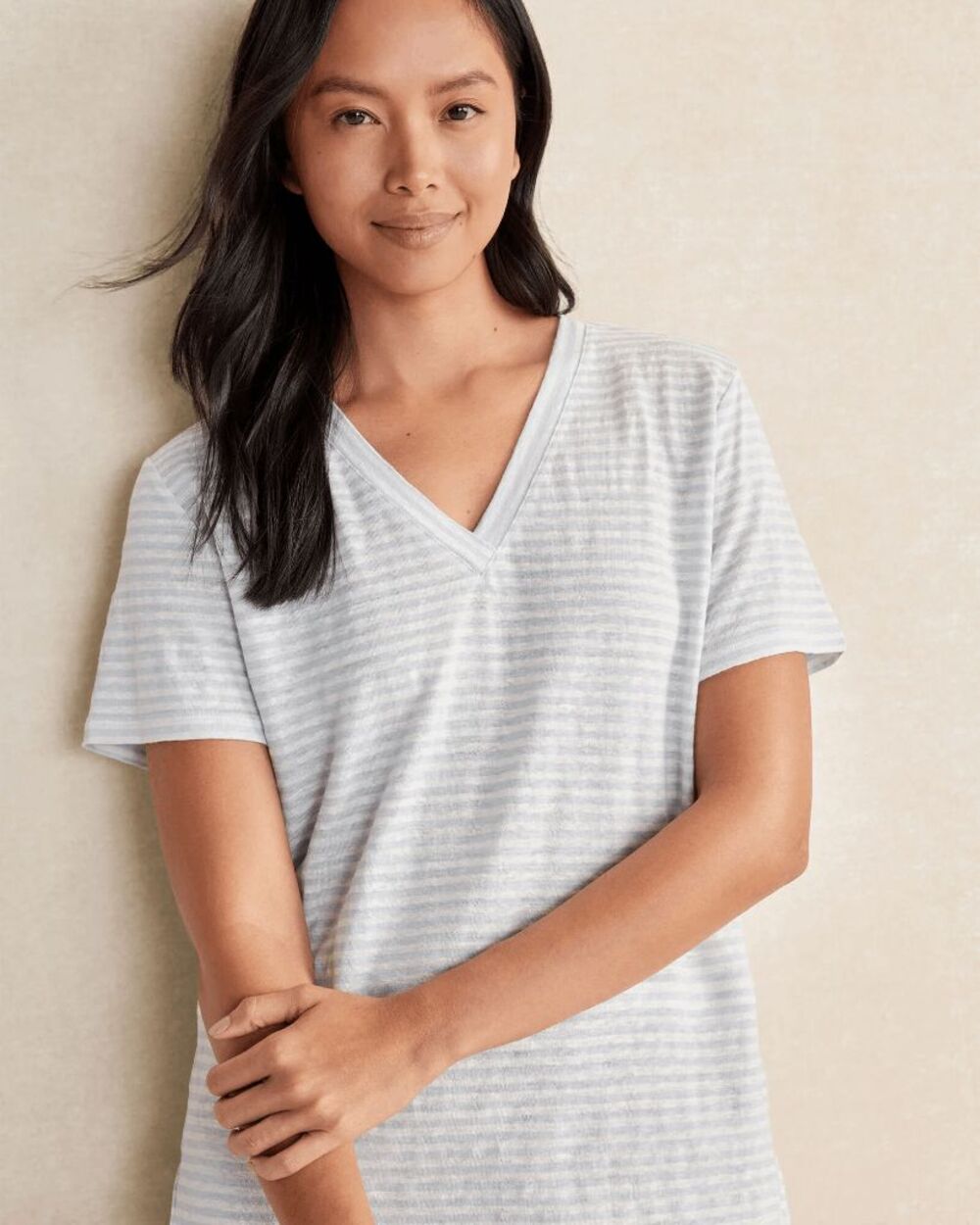 Haven Well Within $68 Linen Stripe V Neck Tee Short Sleeve Womens XL NEW